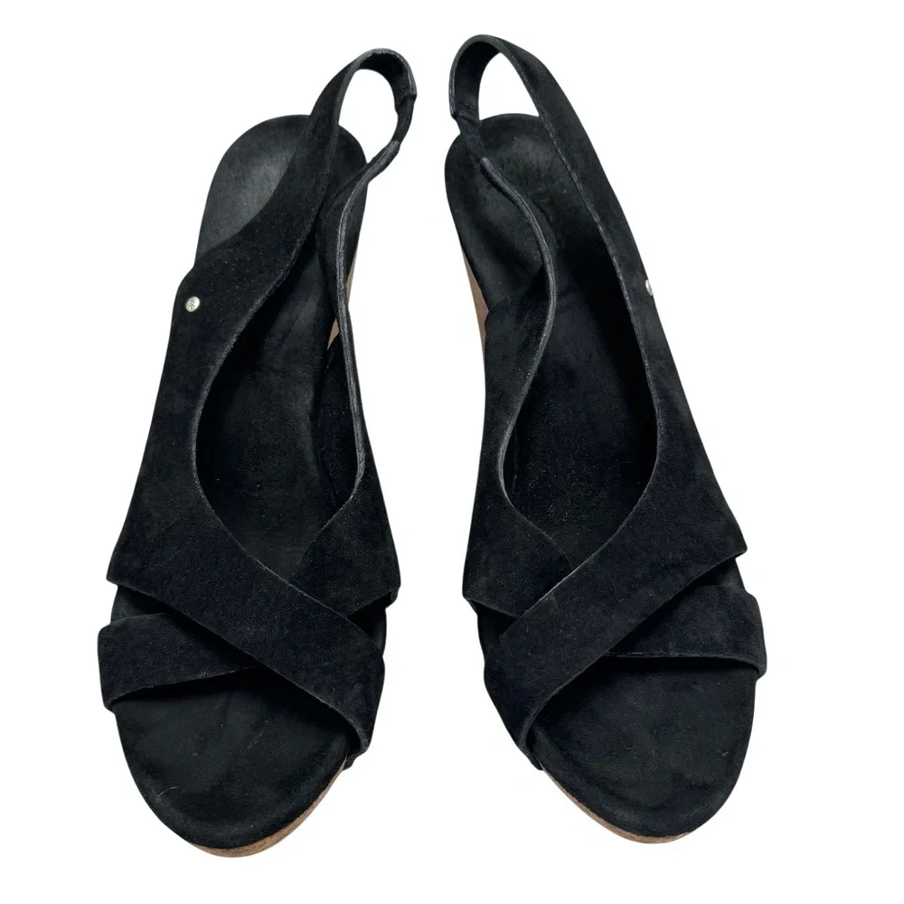 UGG HAZEL BLACK SUEDE & CORK WEDGE HEEL PLATFORM SANDALS
